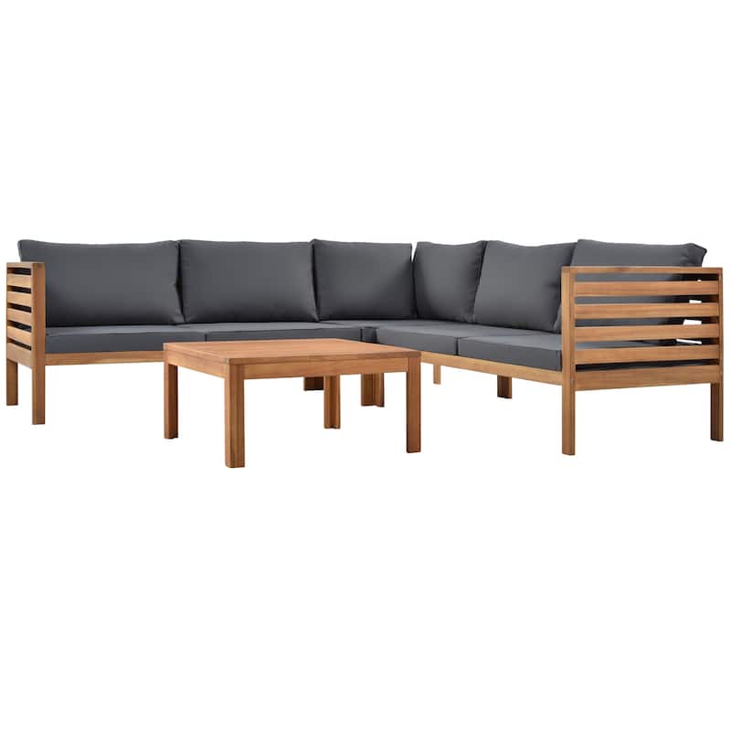Roomfitters 3-Piece Outdoor Sectional Sofa Set with Coffee Table, Solid Wood Frame L-Shaped Patio Furniture