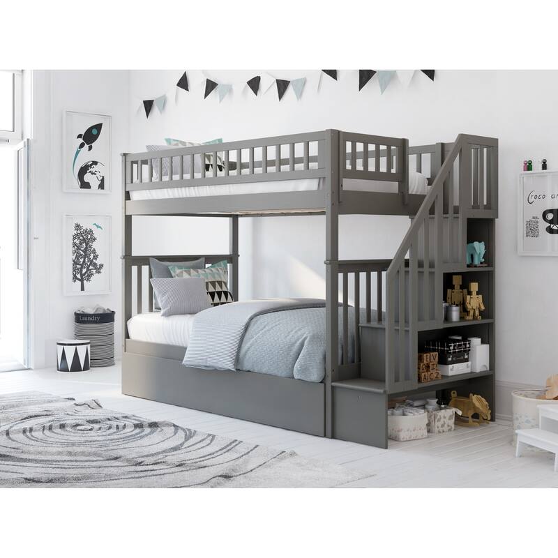Woodland Staircase Bunk Bed with Twin Trundle in Grey - Twin over Twin