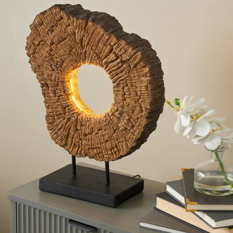 Resin or Polystone Live Edge Table Lamp with Round Cutout and Black Base - Brown - Roche River Decor
