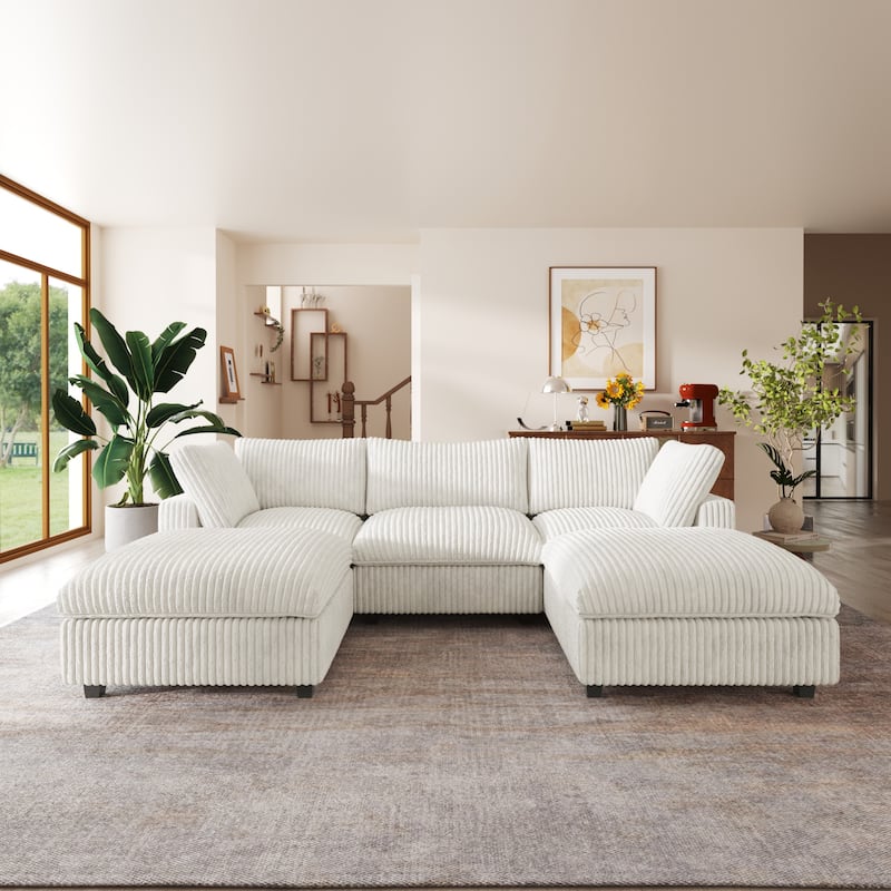 118'' U-shape Plush Fabric Upholstered Sectional Sofa 3 Seats with 2 Ottoman Modular Couch - Beige