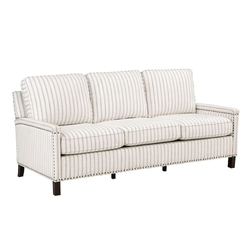 Claire 78 Inch Sofa, Beige, Gray Polyester Pinstripes, Cushions, Solid Wood