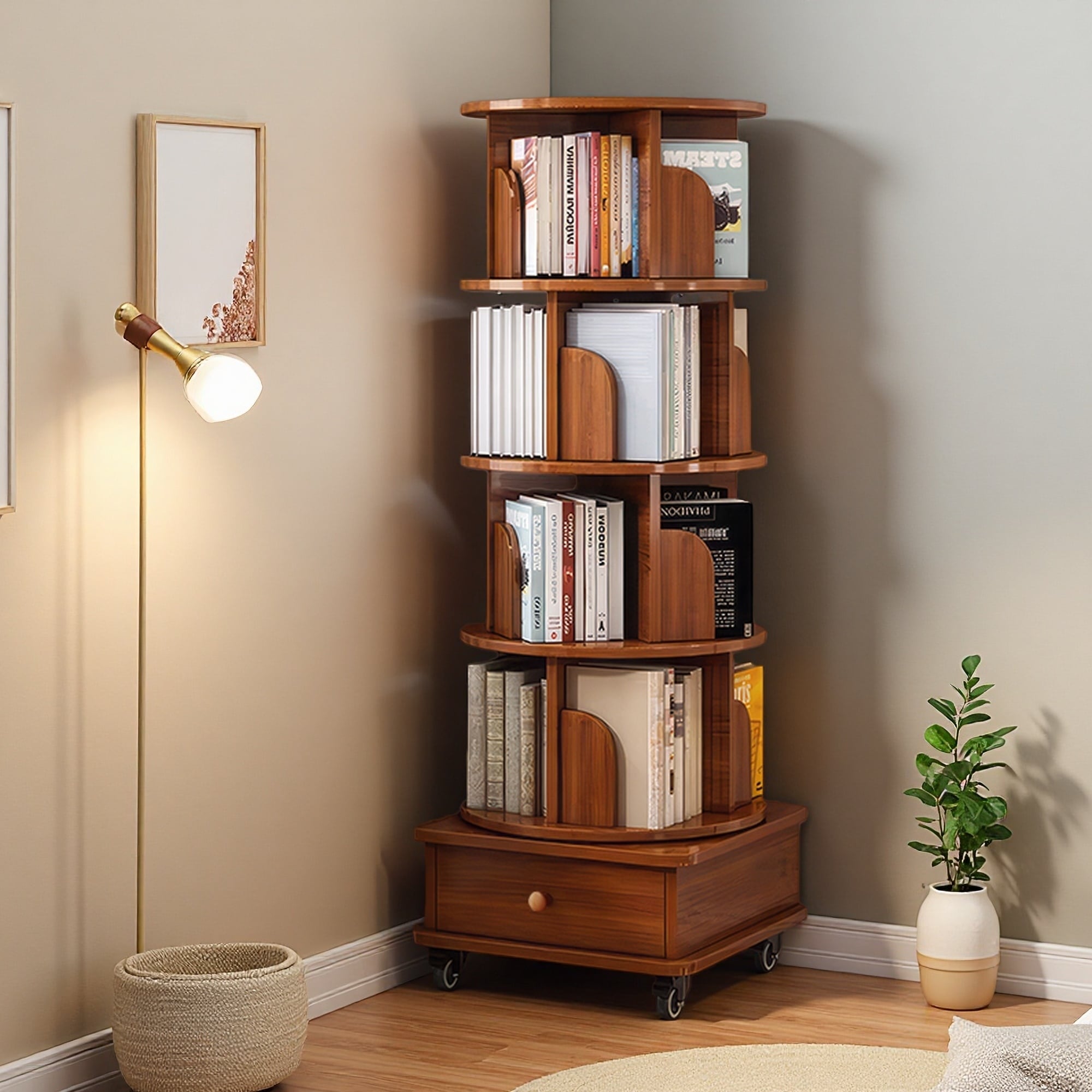 57"H 5-Tier Wooden Rotating Bookshelf with Drawer, 360° Display Corner Bookcase, Floor Standing Storage Rack for Bedroom