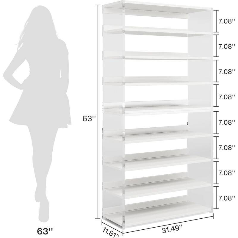 63" 8-Tier Acrylic Bookshelf, Modern Bookcase with Wood Shelves, Display Storage Rack for Living Room, Bedroom & Home Office