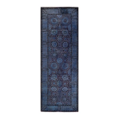 Overton Hand Knotted Wool Vintage Inspired Modern Contemporary Overdyed Blue Runner Rug - 3' 2" x 8' 7"