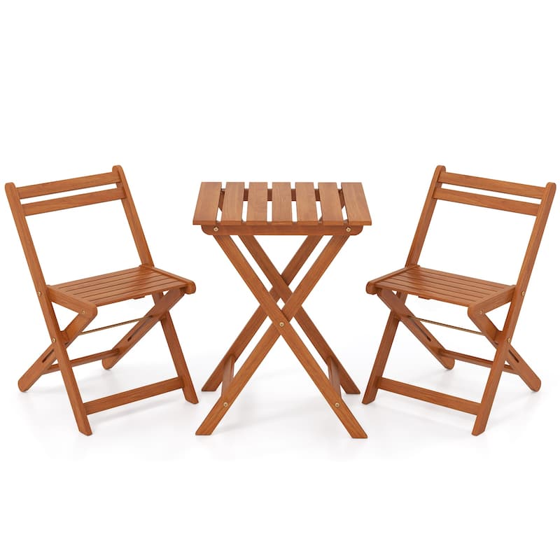 Gymax 3 PCS Outdoor Wood Bistro Set w/ 2 Folding Chairs & Dining Table
