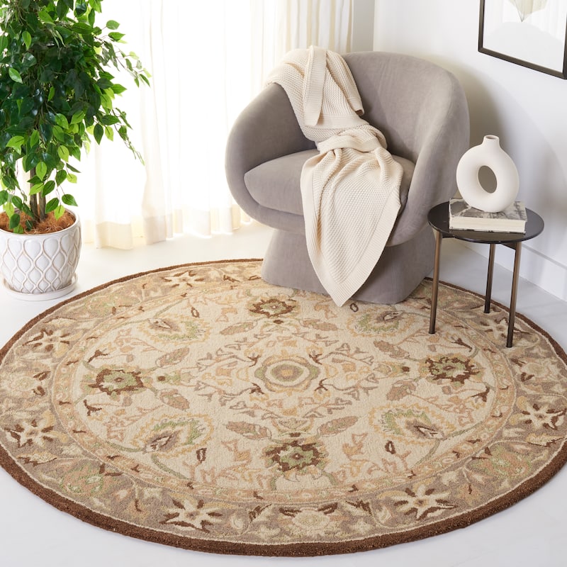 SAFAVIEH Handmade Anatolia Renelle Traditional Oriental Hand-spun Wool Rug - 6' Round - Ivory/Brown