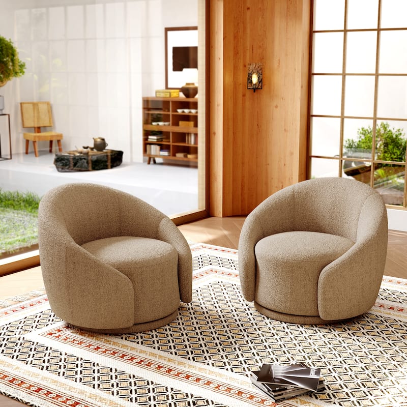 Boucle Barrel Chair Upholstered 360°Swivel Armchair Set of 2