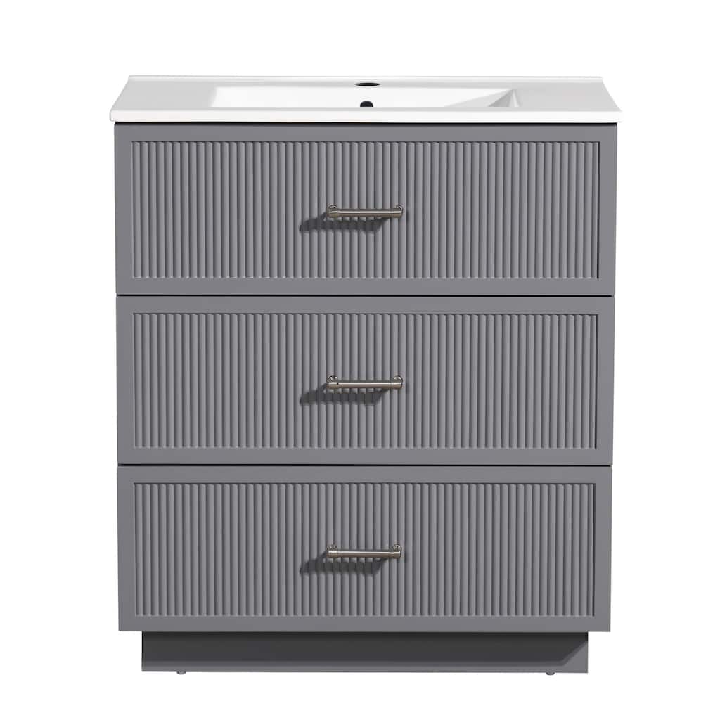 30" Freestanding Bathroom Vanity with Ceramic Sink and 2 Storage Drawers, Stylish Gray Floor Cabinet