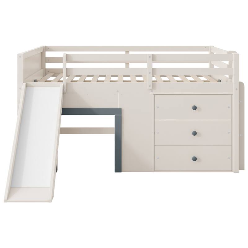 Full Size Low Loft Bed with Slide, 3 Storage Drawers and 2 Doors