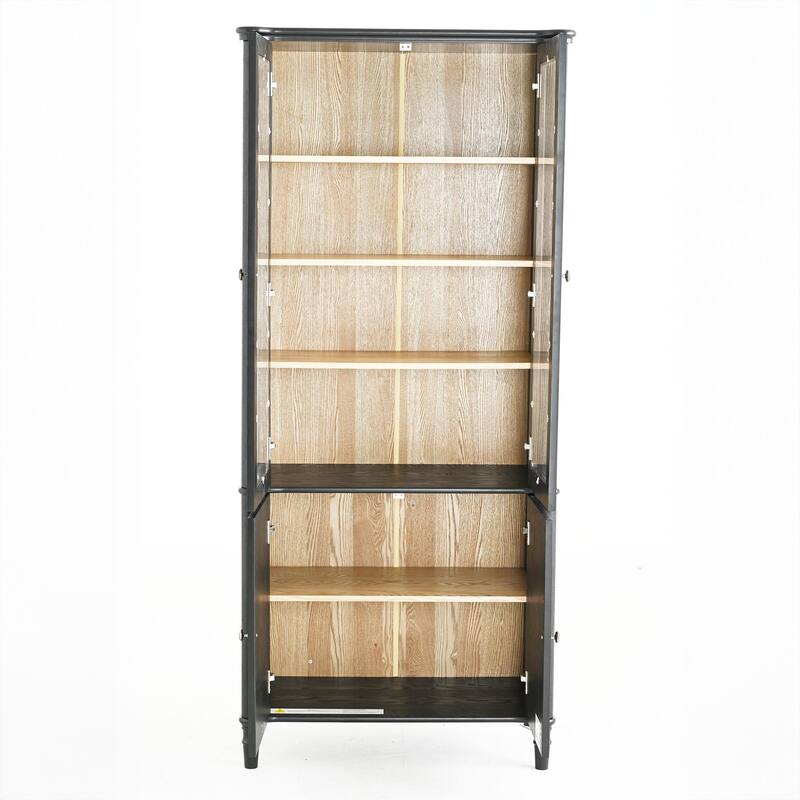 Roomfitters 73.25'' Vintage Display Cabinet with Glass Doors, Mid-Century Pantry Cabinet with Storage, Black & Natural