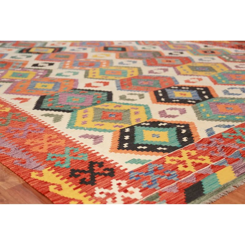 Geometric Kilim Oriental Area Rug Hand-Woven Reversible Wool Carpet - 8'8"x 11'2"