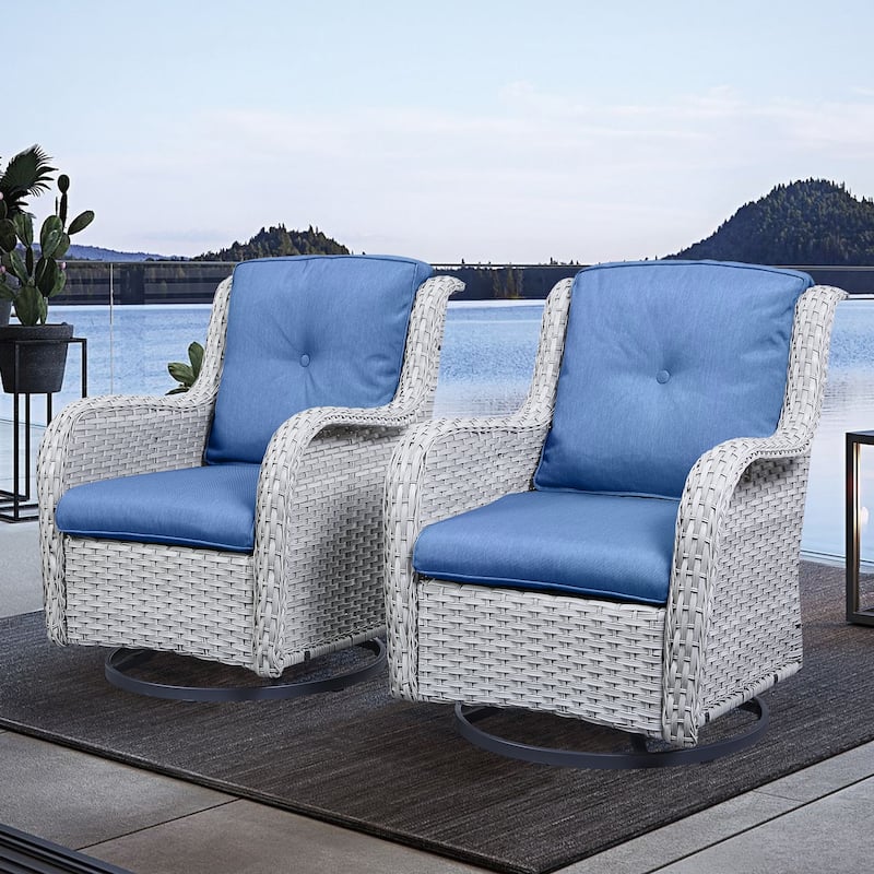 Gymojoy Outdoor Wicker Rocking Lounge Chairs with Swivel Base (Set of 2) - Light Grey Wicker / Blue Cusion