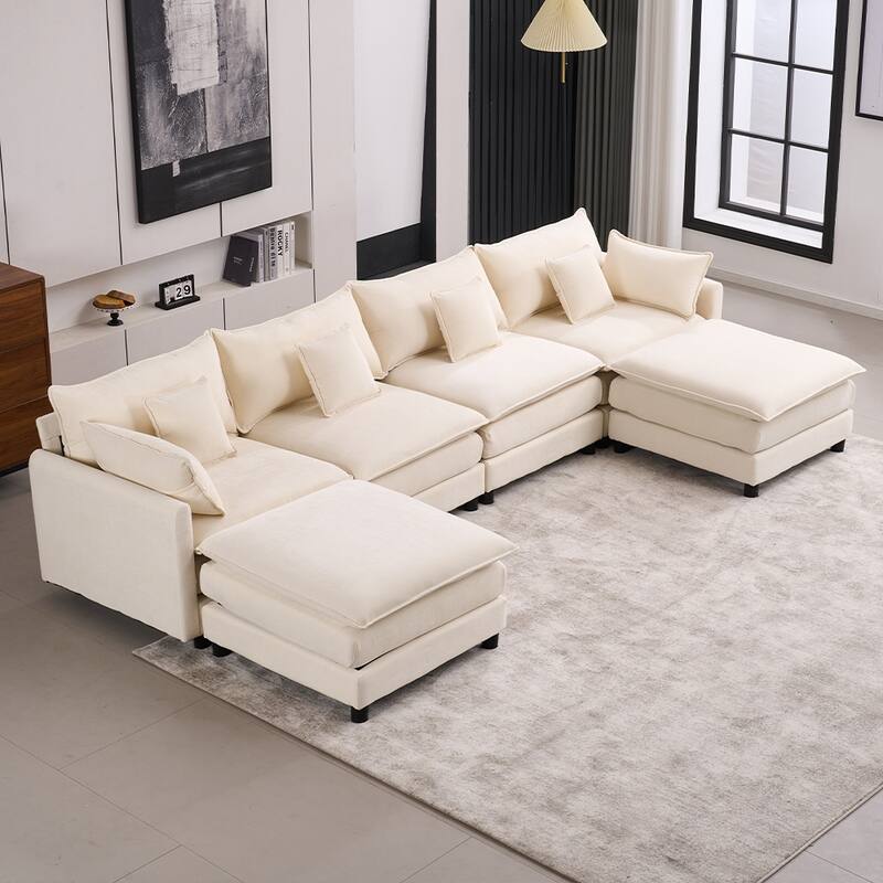 131.89" Chenille U-Shaped Sectional Sofa Bed with Sleeper & Iron Frame Support