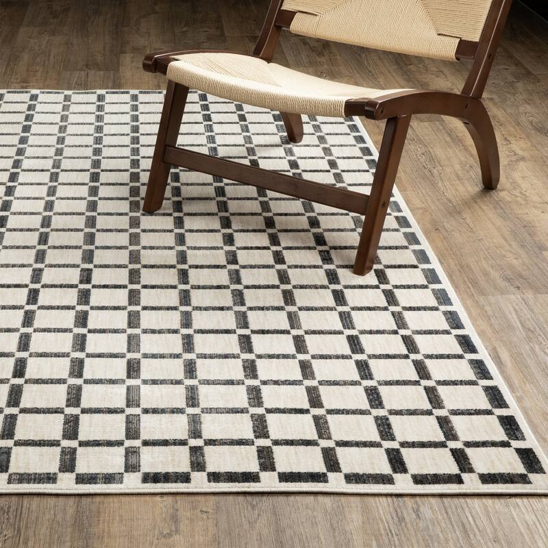 Hansel Geometric Grid Beige/ Black Area Rug - 7'10" x 10'