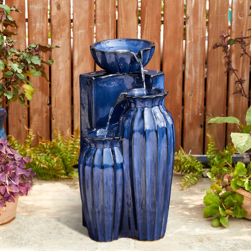 Glitzhome 26.75"H 3-Tiered Fluted Texture Ceramic Outdoor Floor Fountain with LED Lights