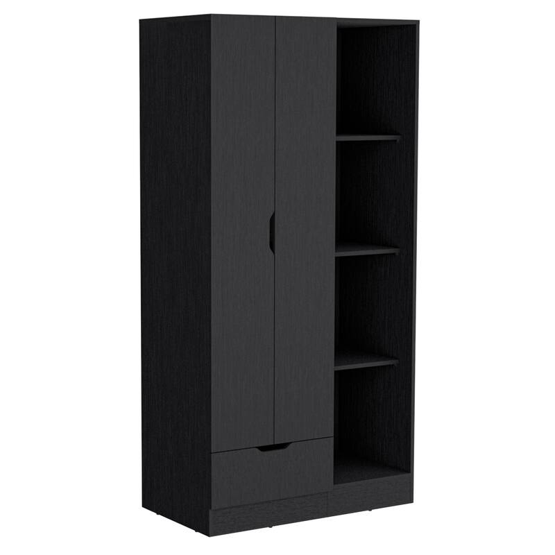 19.68" Modern Double-door Armoire with Drawer and 4-Tier Open Shelves for Bedroom - Black