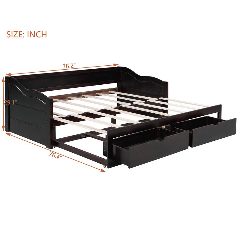 Roomfitters Wooden Twin Daybed with Trundle and Two Storage Drawers Extendable Solid Wood