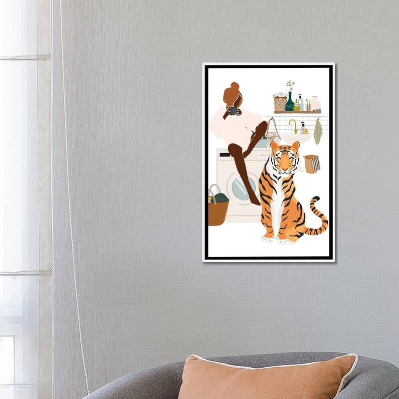iCanvas "Tiger In Laundry Room" by Jania Sharipzhanova Framed Canvas Print