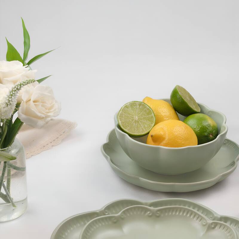 Sango Bethany 12-Piece Stoneware Dinnerware Set - Service for 4, Scalloped Plate & Bowl Set