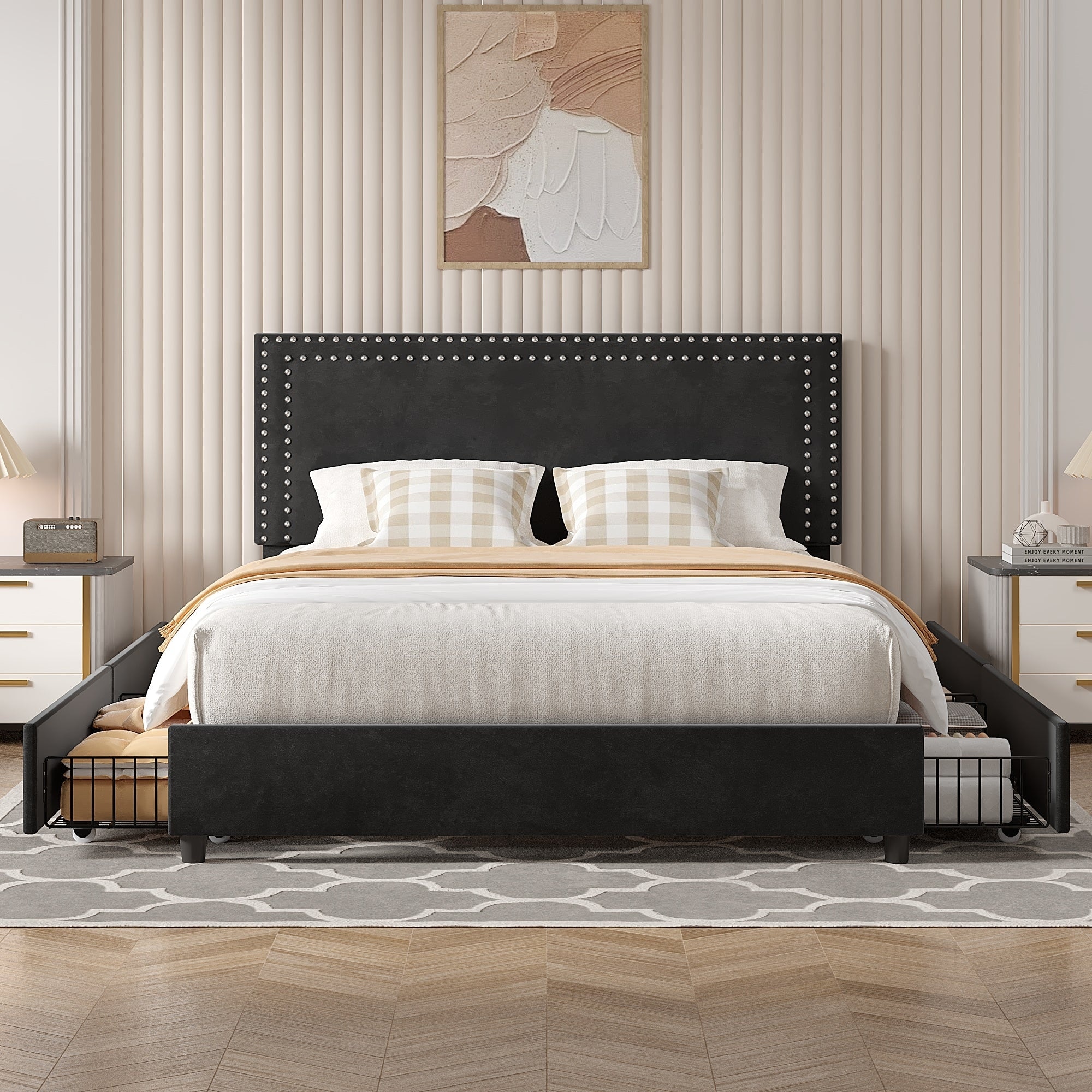 VECELO Upholstered Storage Bed Frames with 4 Storage Drawers, Platform Bed Frame with Adjustable Velvet Rivets Headboard
