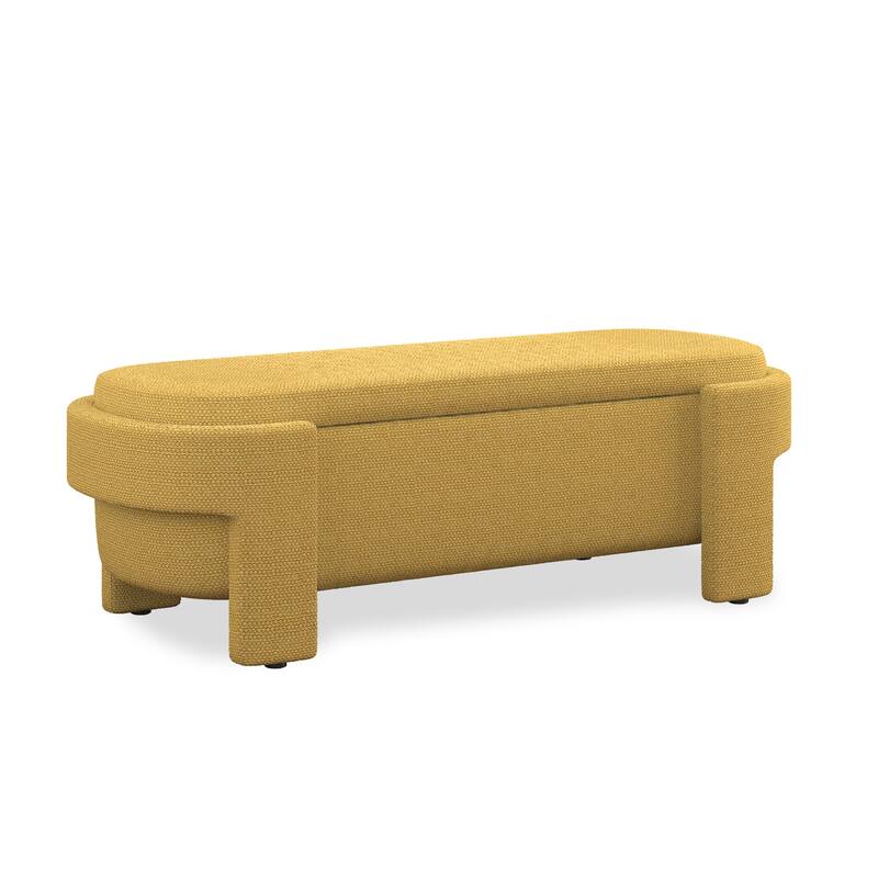 Upholstered Storage Bench Oval Ottoman w/ Large Storage Space, End of Bed Benches Bedroom Linen Fabric Footrest for Living Room