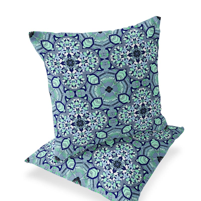 HomeRoots Set of Two 16" X 16" Blue and Green Blown Seam Floral Indoor Outdoor Throw Pillow - 16.00' X '16.00' X '5.00