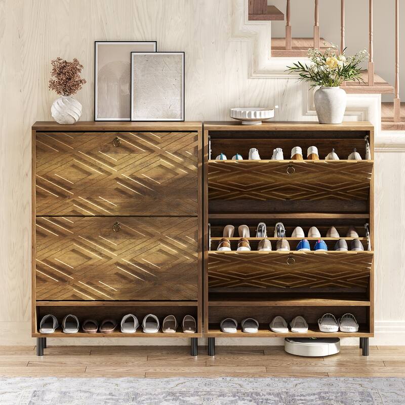 Narrow Shoe Cabinet with 2 Flip Drawers, Open Shelf and Sturdy Legs