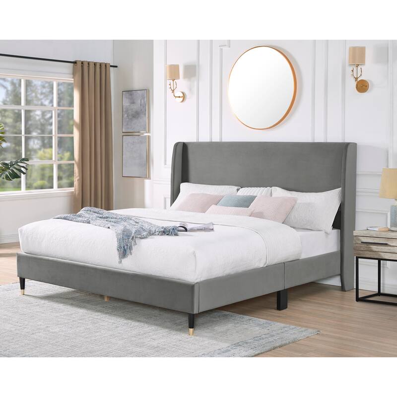 Modern Style Platform Bed with Wingback Design Velvet Headboard for Bedroom - Gray - Queen