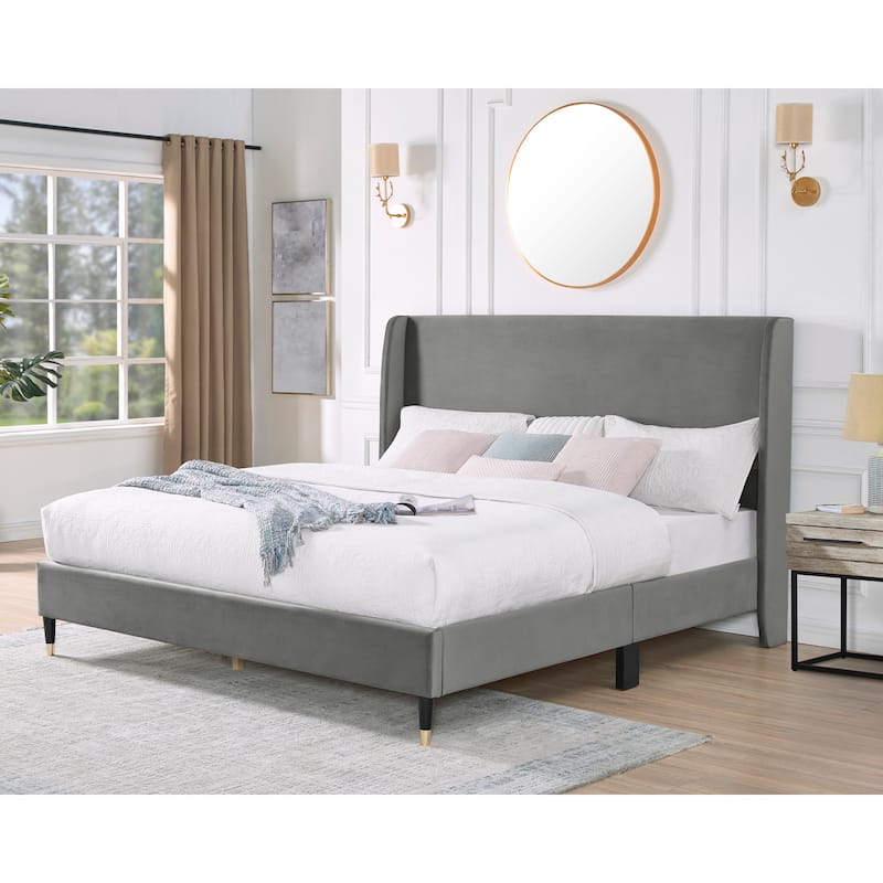 Queen Upholstered Platform Bed in Velvet with Wingback Headboard and Gold-Tipped Legs, Modern Low-Profile Design - Queen Gray - Queen