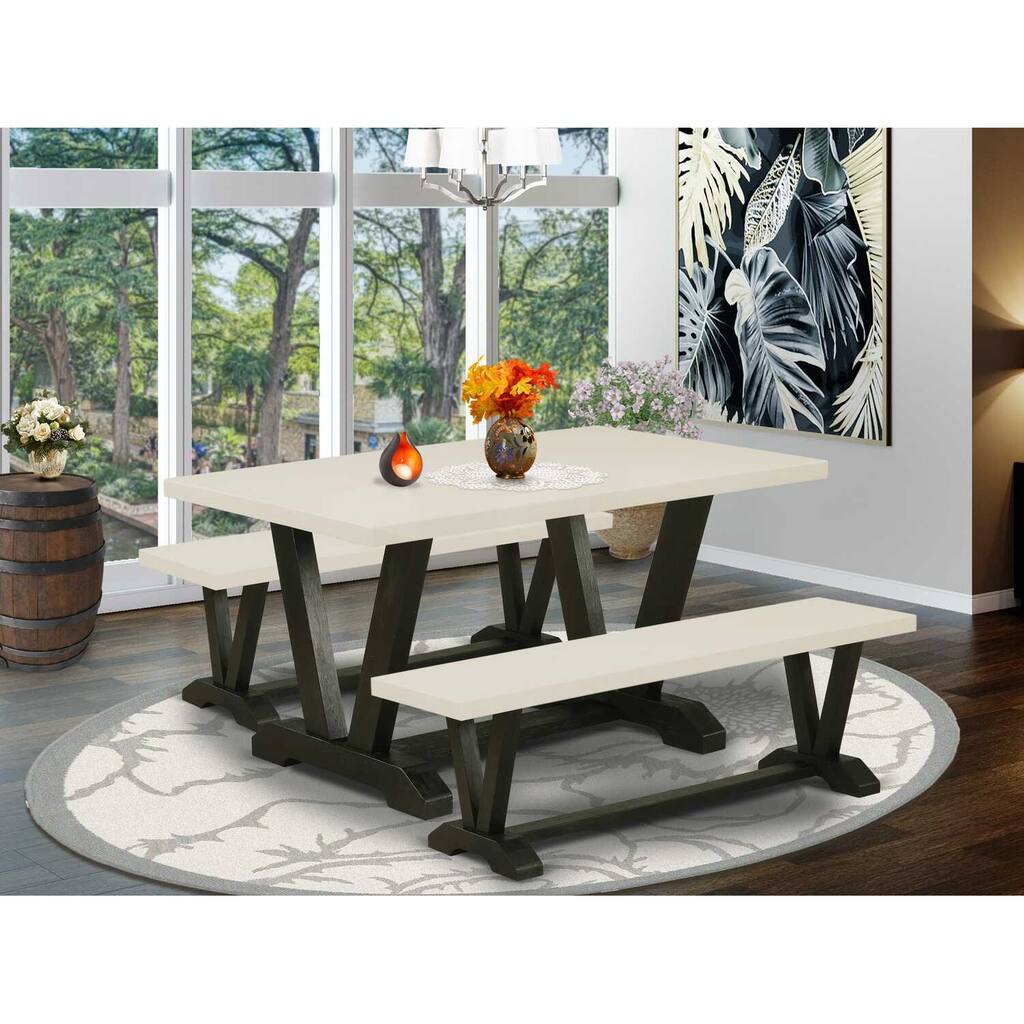 HomeStock 3-Piece Rectangle Natural Oak Finish Solid Wood Top Dining Table with 2-Benches