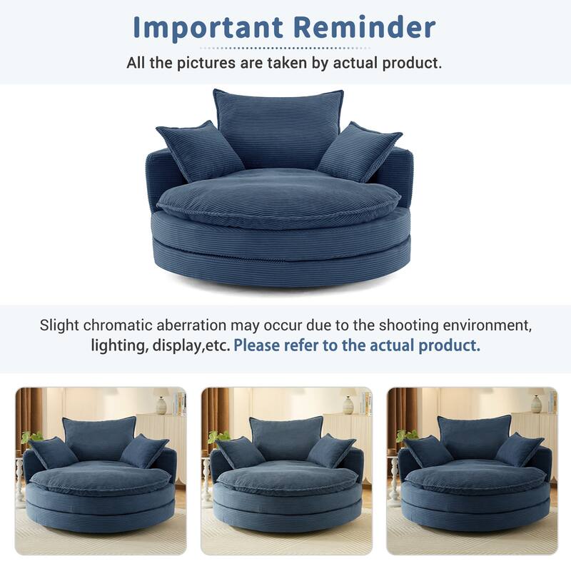 360° Swivel Sofa Chair Accent Barrel Chair 57.5" Swivel Round Chair with Dual-layer Cushion Design and 3 Removable Pillows