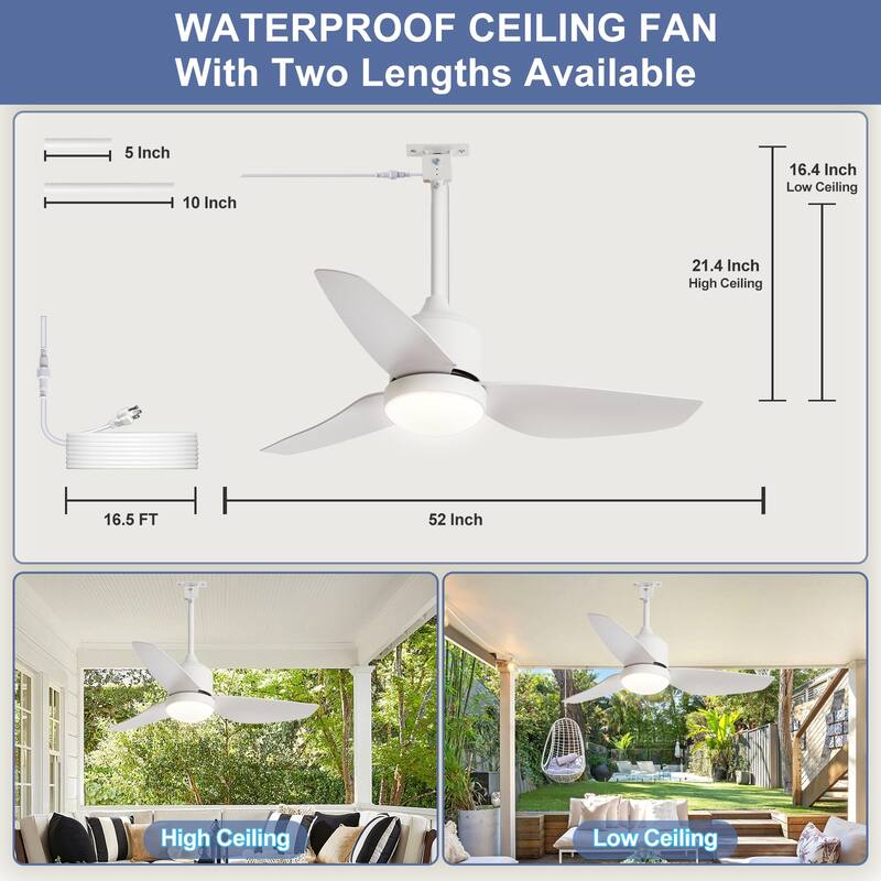Outdoor Ceiling Fan with Light: 42-52 Inch Hanging - Plug in Waterproof Fans for Patio - Dimmable Remote App Control Black