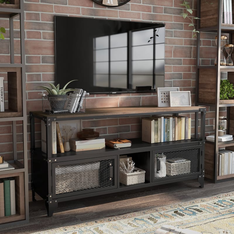 Conner Urban Black and Dark Walnut 60-inch Steel 2-Shelf TV Console by Furniture of America