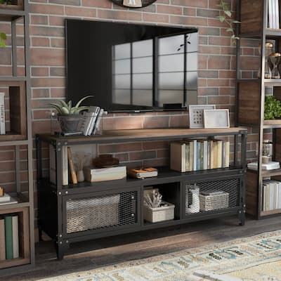 Conner Urban Black and Dark Walnut 60-inch Steel 2-Shelf TV Console by Furniture of America