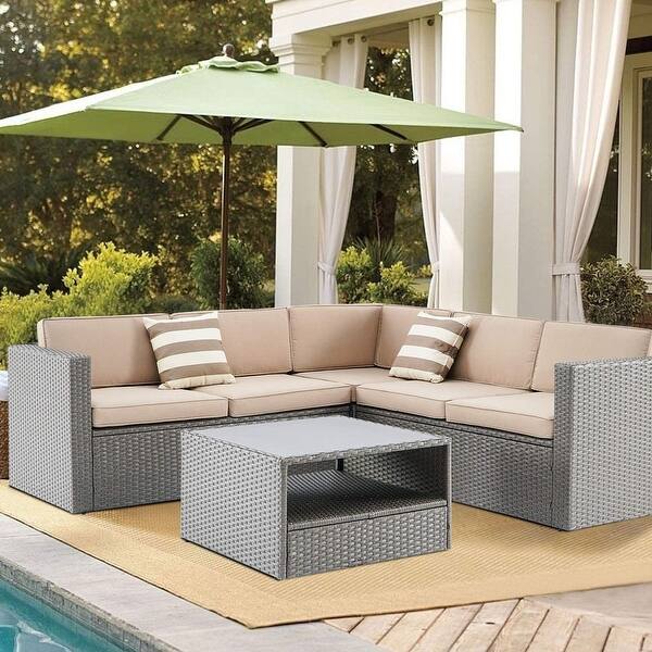 Shop Solaura Outdoor 4 Piece Patio Rattan Sectional Sofa Set Grey Overstock 31144391