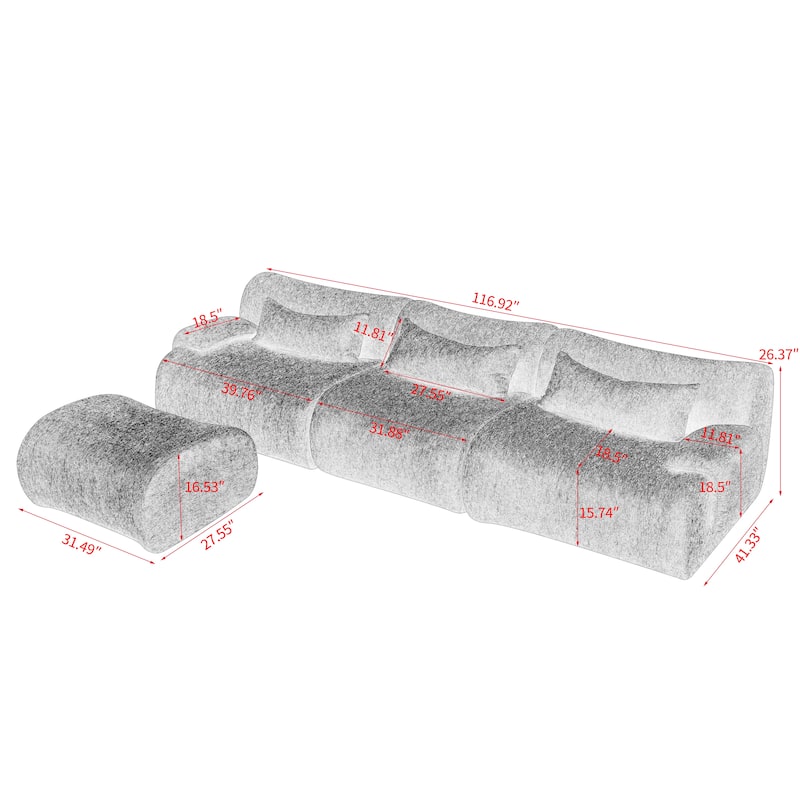 118" Boneless Couches for Living Room, Sectional Couches Modular Sofa with Ottoman, Memory Foam Cloud Couch