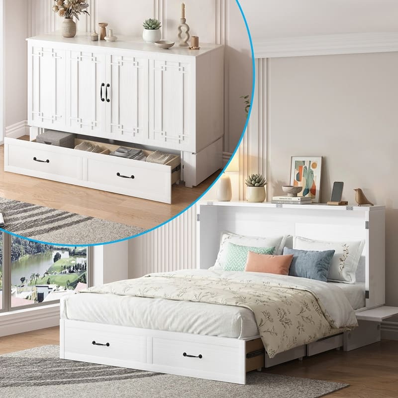 Mixoy Queen Size Murphy Bed with Mattress,Foldable Space-Saving Cube Cabinet Bed - White - Queen