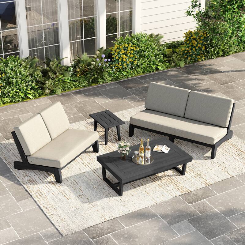 Casual Teak Outdoor Patio Conversation Set with Cushioned Sofa Loveaseat - Dark Wood - Light Camel-4 Piece