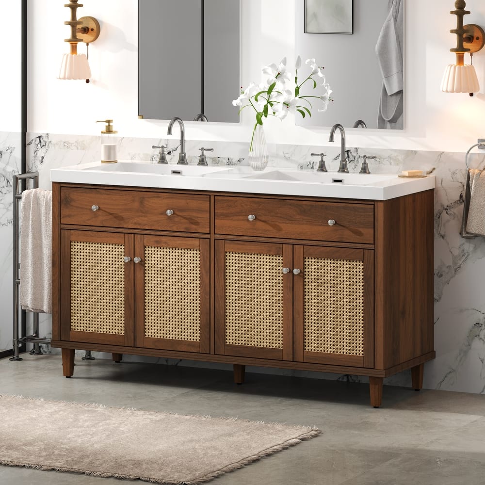 Christopher Knight Home - Bellmere 60" Modern Double Sink Bathroom Vanity with SMC Sink, Soft-Close Storage, and Wood Legs