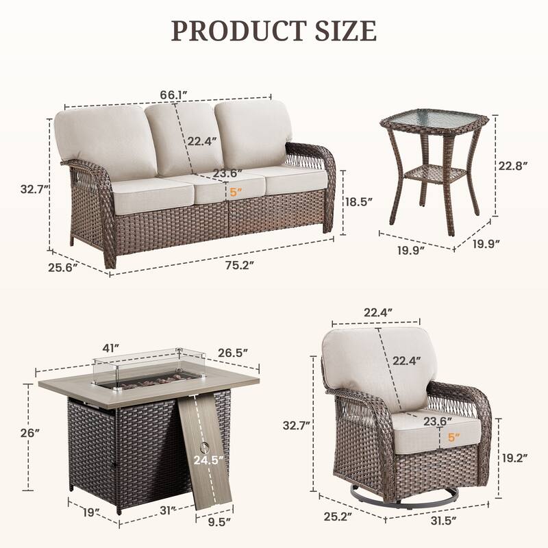 Pocassy Outdoor Fire Pit Table with Swivel Chair Sofa Ottoman Funiture Set.