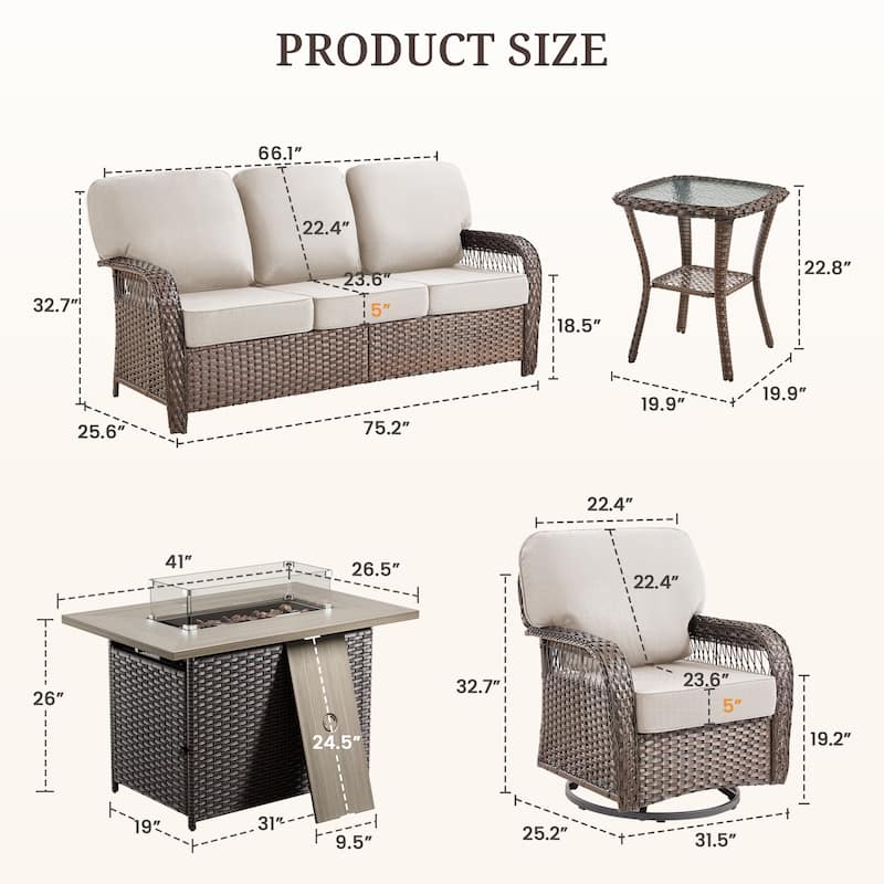 Pocassy Patio Sofa Ottoman Swivel Chair Table with Fire Table Set.