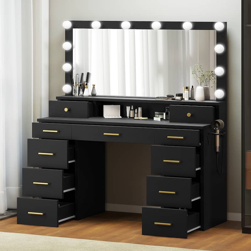Moasis Large White Vanity Desk with 11 Drawers Mirror Lights USB and Type C Ports for Bedroom