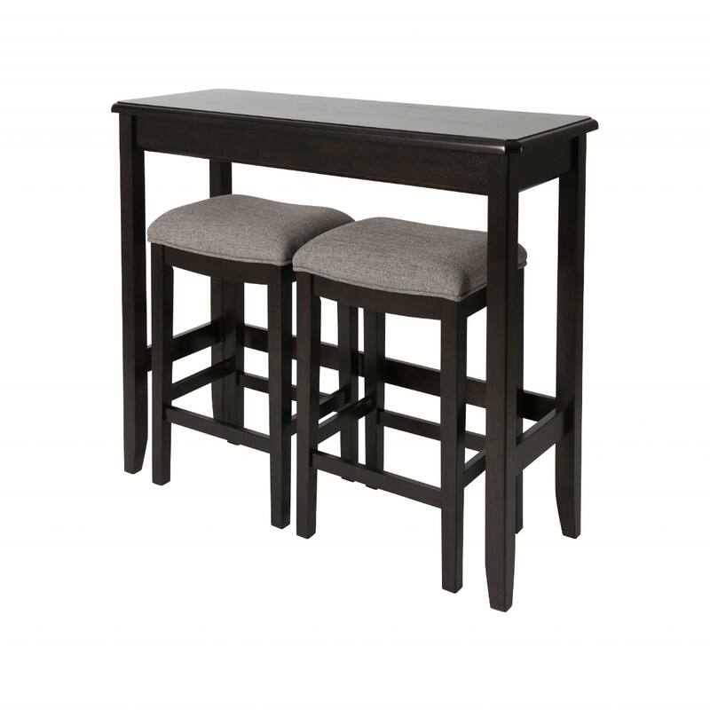 Dark Brown Wood Tall Backless Bar Chairs with Grey Upholstered Seat with Table Set of 3 - 18.5" x 48.5" x 36.5" (D x W x H)
