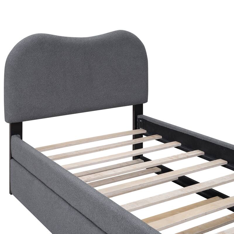 Twin Classic Upholstered Platform Bed Berber Fleece Upholstered with Twin Size Trundle, Curve Design Headboard, Slat Support