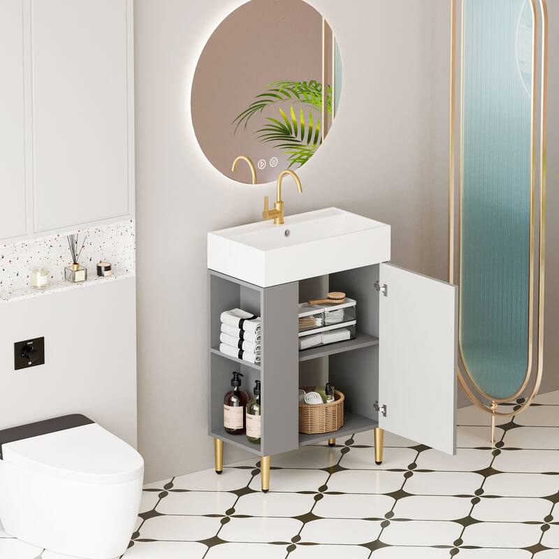 Compact White Bathroom Vanity with Ceramic Sink, Soft-Closing Cabinet, and Brushed Copper Accents for Small Spaces