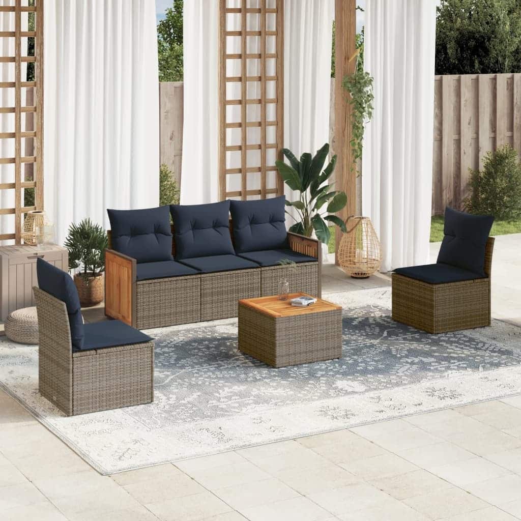 vidaXL 6 Piece Patio Sofa Set with Cushions Gray Poly Rattan - 66.6x27.2x44.9