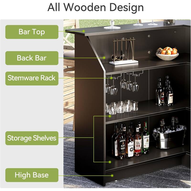 51.2" L-Shaped Home Bar Cabinet with Stemware Rack, Black