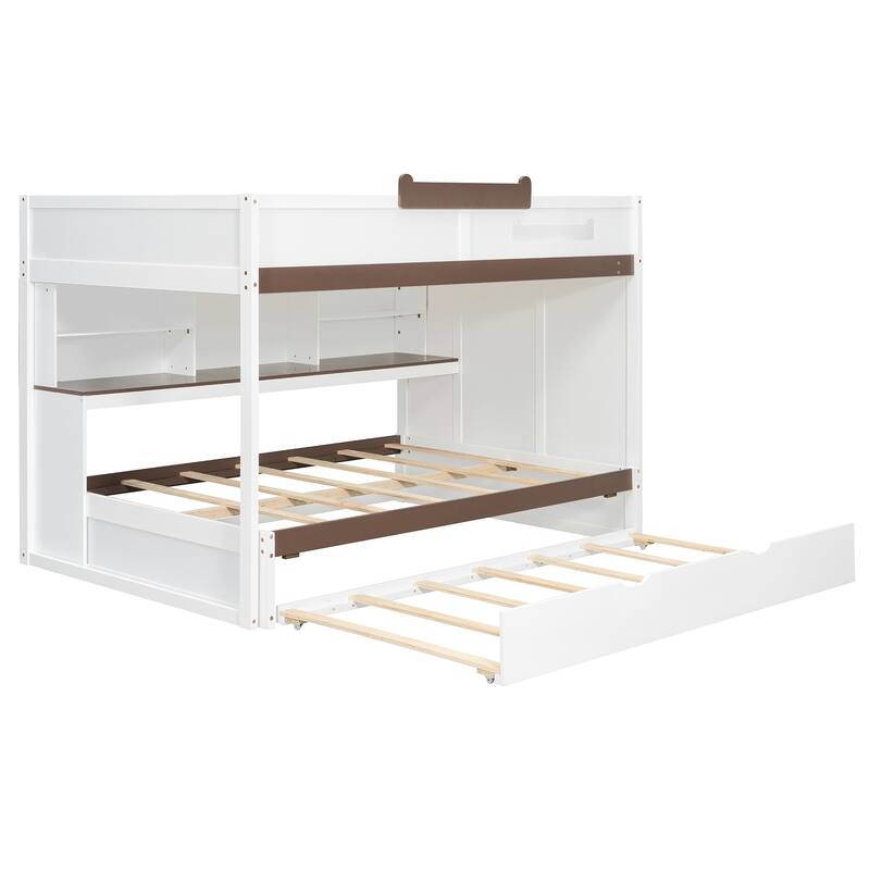 Full Over Full Bunk Bed with Twin Trundle, Staircase, Kids Loft Bed with Storage, LED Lighting, Space-Saving Wood Bed Frame