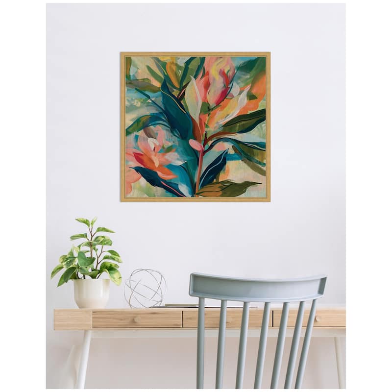 Kate and Laurel Sylvie Colorful Tropic Botanical Abstract Neutral Linen Framed Canvas by The Creative Bunch Studio
