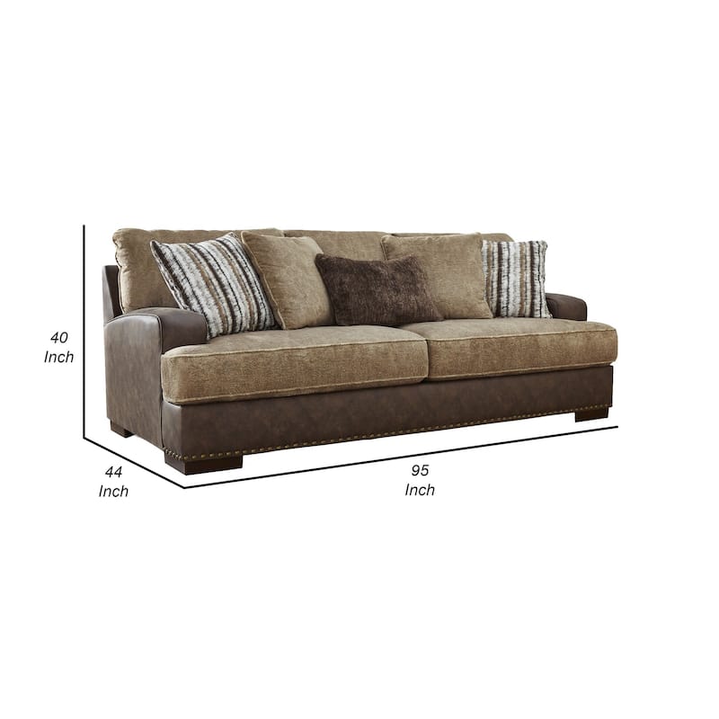 Srie 95 Inch Sofa, Nailhead Trim, 5 Accent Pillows, Brown Faux Leather
